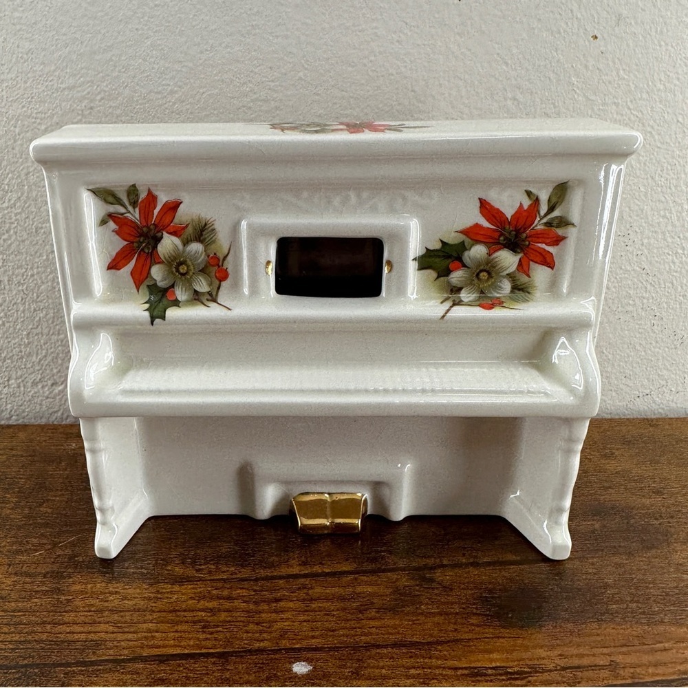 Vintage Porcelain Christmas Upright Piano Music Box Poinsettia Holly Gold